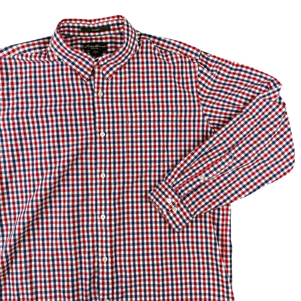 Eddie Bauer Mens XL Classic Fit Red White Blue Check Cotton Button Down Shirt
